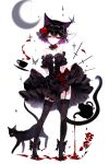  1girl animal_ears bangs black_dress black_hair black_legwear cat cat_ears cat_tail crescent_moon cup detached_collar dress dress_lift flower full_body garter_straps hair_between_eyes hair_flower hair_ornament highres lifted_by_self looking_at_viewer moon original red_eyes rose sheya short_hair signature solo standing strapless strapless_dress tail teacup teapot thigh-highs white_background 