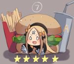  1girl abigail_williams_(fate/grand_order) black_bow blonde_hair bow chibi commentary cup disposable_cup english_commentary fast_food fate/grand_order fate_(series) food french_fries grey_background hair_bow hamburger in_food long_hair miya_(pixiv15283026) o_o open_mouth orange_bow simple_background sketch solo v-shaped_eyebrows 