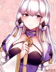  1girl artist_name blush breasts detached_collar dress eyebrows_visible_through_hair fire_emblem fire_emblem:_three_houses hair_ornament long_hair lysithea_von_ordelia medium_breasts patterned_background peachcak3 pink_eyes sidelocks silver_hair smile solo upper_body wide_sleeves 