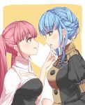  2girls blue_hair braid brown_eyes crown_braid epaulettes fire_emblem fire_emblem:_three_houses from_side garreg_mach_monastery_uniform hilda_valentine_goneril long_hair long_sleeves marianne_von_edmund multiple_girls parted_lips pink_eyes pink_hair simple_background tamaguu_(lanev0) twintails uniform upper_body 