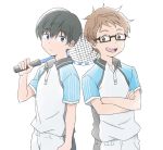  2boys black_hair blue_eyes brown_eyes brown_hair crossed_arms glasses guranaada hoshiai_no_sora katsuragi_maki male_focus multiple_boys over_shoulder racket shinjou_touma simple_background smile sportswear standing tennis_racket tennis_uniform upper_body white_background 