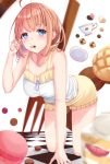  1girl ahoge all_fours bangs bare_shoulders blonde_hair bloomers blue_eyes blush bread breasts cake collarbone cookie cup food keima_ron looking_at_viewer macaron medium_breasts medium_hair melon_bread mouth_hold original pocky solo tareme teacup underwear 