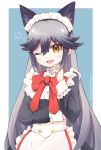 1girl alternate_costume animal_ear_fluff animal_ears apron black_dress blush bow commentary_request cowboy_shot dress enmaided extra_ears eyebrows_visible_through_hair fox_ears fox_girl fukino_too grey_hair highres kemono_friends kemono_friends_3 long_hair long_sleeves maid maid_apron maid_dress maid_headdress multicolored_hair one_eye_closed open_mouth red_bow red_neckwear silver_fox_(kemono_friends) silver_hair sleeve_cuffs solo twitter_username white_apron yellow_eyes 