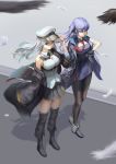  2girls absurdres ankle_boots azur_lane bangs bare_shoulders bird black_legwear black_neckwear black_ribbon blue_hair blush boots braid breasts brown_eyes cloak coat dori_(pixiv_36360503) dress enterprise_(azur_lane) essex_(azur_lane) eyebrows_visible_through_hair feathers floating_hair french_braid full_body gloves hair_ribbon hand_up hat highres large_breasts long_hair looking_at_viewer multiple_girls necktie off_shoulder pantyhose partly_fingerless_gloves peaked_cap pleated_skirt red_neckwear revision ribbon shirt silver_hair skirt sleeveless sleeveless_shirt smile thigh-highs twintails very_long_hair violet_eyes wind 