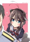  1boy 1girl absurdres admiral_(kantai_collection) animal_ears blue_eyes blush braid brown_hair cat_ears cat_tail closed_mouth dress_shirt epaulettes eyebrows_visible_through_hair hair_between_eyes hair_flaps hair_ornament hair_over_shoulder hair_ribbon highres kantai_collection long_hair looking_at_viewer military military_uniform naval_uniform pleated_skirt remodel_(kantai_collection) ribbon school_uniform serafuku shigure_(kantai_collection) shirt single_braid skirt soramuko sweatdrop tail twitter_username two-tone_background uniform 