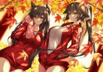  2girls animal_ears atago_(azur_lane) autumn autumn_leaves azur_lane bangs black_hair blush breasts buruma closed_mouth collarbone commentary_request dog_ears drying expressionless falling_leaves gym_uniform hair_ribbon highres jacket leaf long_hair long_ponytail long_sleeves maple_leaf mole mole_under_eye multiple_girls nature open_clothes open_jacket outdoors ponytail red_buruma red_jacket ribbon sakurame shirt sidelocks smile takao_(azur_lane) towel track_jacket tree tree_shade wavy_hair white_ribbon white_shirt yellow_eyes zipper 