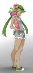  1girl absurdres bangs bare_shoulders blank_eyes breasts collarbone crossed_legs dark_skin flower from_side full_body gradient gradient_background green_footwear green_hair green_hairband grey_background hair_flower hair_ornament hairband hands_in_pockets happy highres long_hair looking_at_viewer mallow_(pokemon) open_mouth pink_flower pink_shirt pokemon pokemon_(creature) pokemon_(game) pokemon_sm shiny shiny_hair shiny_skin shirt shoes simple_background small_breasts smile solo_focus standing strapless_shirt swept_bangs teeth tied_hair turiganesou800 twintails yellow_eyes 