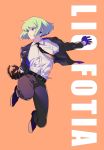  1boy character_name formal gloves green_hair half_gloves jumping ke889 lio_fotia male_focus necktie promare solo suit violet_eyes 