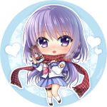  1girl angel_beats! artist_name bangs blue_skirt blush brown_footwear can chibi eyebrows_visible_through_hair full_body hair_between_eyes holding holding_can irie_(angel_beats!) kneehighs long_hair long_sleeves looking_at_viewer miniskirt nakamura_hinato open_mouth pink_neckwear plaid plaid_scarf pleated_skirt purple_hair red_scarf scarf school_uniform shiny shiny_hair shirt skirt solo standing very_long_hair violet_eyes white_background white_legwear white_shirt 