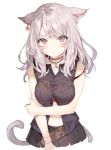  1girl animal_ears bare_arms bare_shoulders black_skirt black_vest bra breasts cat_ears cat_girl cat_tail closed_mouth collarbone commentary_request ear_piercing facial_mark final_fantasy final_fantasy_xiv frown highres jewelry long_hair looking_at_viewer medium_breasts miniskirt miqo&#039;te momoko_(momopoco) navel necklace piercing pink_eyes pleated_skirt red_bra silver_hair simple_background skirt slit_pupils solo stomach strap_slip tail underwear vest white_background 