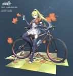  1girl absurdres alternate_costume autumn_leaves azur_lane bangs belt bicycle blue_footwear blue_gloves blue_legwear blunt_bangs boots bottle cropped_jacket elbow_gloves english_text eyebrows_visible_through_hair falling_leaves full_body garter_straps gloves green_hair ground_vehicle highres holding holding_bottle leaf leaning_back long_hair long_ponytail looking_at_viewer mjm9959 pleated_skirt ponytail shropshire_(azur_lane) sidelocks skirt solo standing thigh-highs thigh_boots tile_floor tiles very_long_hair yellow_eyes 