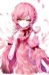 1girl artist_name bangs bare_shoulders bow braid crown_braid dress earrings feathers gloves hair_bow hand_up highres jewelry long_hair looking_at_viewer original parted_lips pink_dress pink_hair red_bow sheya signature solo upper_body white_gloves yellow_eyes 