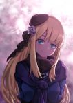  1girl bangs black_headwear blonde_hair blue_eyes blue_jacket commentary_request eyebrows_visible_through_hair fate/grand_order fate_(series) flower hair_flower hair_ornament hat jacket ling_huanxiang long_hair looking_at_viewer lord_el-melloi_ii_case_files reines_el-melloi_archisorte smile solo white_flower 