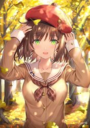  1girl :d arms_up autumn beret blurry breasts brown_hair brown_shirt buttons collarbone depth_of_field ginkgo_leaf green_eyes hat highres light_rays long_sleeves looking_at_viewer medium_breasts neckerchief open_mouth original red_headwear rin_yuu sailor_collar school_uniform shirt short_hair signature smile solo sunbeam sunlight tree upper_body white_sailor_collar 