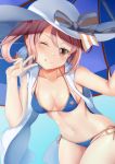  1girl ;q alternate_costume arm_up artist_name bangs bare_arms bare_shoulders beach_umbrella bent_over bikini blue_background blush bow breasts brown_eyes caster_(fate/extra)_(cosplay) collarbone commentary_request cowboy_shot cute diomedea dutch_angle fate/extra fate/grand_order fate_(series) fox fox_print gradient gradient_background hand_up hat hat_bow highres kadokawa_games kantai_collection looking_at_viewer moe navel one_eye_closed pink_hair sazanami_(kantai_collection) shiny shiny_skin side-tie_bikini sleeveless small_breasts solo striped striped_bow sun_hat swept_bangs swimsuit tamamo_(fate)_(all) tamamo_no_mae_(fate) tamamo_no_mae_(fate)_(cosplay) tamamo_no_mae_(swimsuit_lancer)_(fate) tokyo_mx tongue tongue_out twintails type-moon ufotable umbrella v white_headwear yasume_yukito 