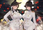  2girls animal_ears atago_(azur_lane) azur_lane bangs black_hair black_legwear blush bow breasts brown_eyes closed_mouth cowboy_shot double-breasted extra_ears eyebrows_visible_through_hair full_moon gloves hair_bow hair_flaps hair_ribbon hand_on_hilt hand_on_hip hayabusa highres jacket large_breasts long_hair looking_at_viewer military military_uniform miniskirt mole mole_under_eye moon multiple_girls night outdoors pantyhose pencil_skirt pleated_skirt ponytail ribbon skirt sky smile star_(sky) starry_sky swept_bangs takao_(azur_lane) uniform very_long_hair white_bow white_gloves white_jacket white_ribbon 