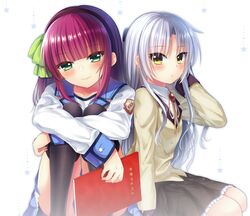  2girls angel_beats! black_hairband black_legwear black_skirt blazer blue_sailor_collar blue_skirt blush bow closed_mouth collarbone collared_shirt green_bow green_eyes hair_bow hairband hand_in_hair holding jacket long_hair looking_at_viewer miniskirt multiple_girls nakamura_hinato pleated_skirt purple_hair sailor_collar shiny shiny_hair shirt silver_hair sitting skirt smile tachibana_kanade thigh-highs very_long_hair white_background white_shirt wing_collar yellow_eyes yellow_jacket yuri_(angel_beats!) zettai_ryouiki 