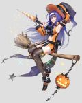 1girl adapted_costume alternate_costume armpits belt belt_pouch black_footwear black_gloves black_headwear black_legwear blue_hair boots breasts broom broom_riding candy candy_cane eyebrows_visible_through_hair fingerless_gloves fire_emblem fire_emblem:_path_of_radiance fire_emblem:_radiant_dawn fire_emblem_heroes food full_body garter_straps gloves gonzarez green_eyes grey_background grin hair_between_eyes halloween hand_on_headwear hat highres jack-o&#039;-lantern long_hair long_sleeves looking_at_viewer medium_breasts mia_(fire_emblem) midriff navel one_eye_closed pouch sideboob simple_background smile solo sparkle sword thigh-highs thighs weapon wide_sleeves witch_hat 