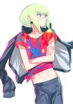  1boy absurdres crossed_arms earrings green_hair highres jacket jacket_on_shoulders jewelry lio_fotia male_focus midriff promare shirt short_hair solo suisogenshi t-shirt violet_eyes 