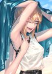  1girl :d armpits blonde_hair blue_eyes blush extra_arms extra_eyes highres kanjou_jouki one_eye_closed open_mouth original see-through short_hair smile solo upper_body wet wet_clothes wet_hair 