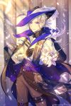  androgynous arm_belt black_gloves blonde_hair blue_cape blue_headwear brown_pants cape feathers flower gloves hat hat_feather highres jikuu_haouden leg_belt long_sleeves looking_at_viewer official_art pants rapier solo standing sword violet_eyes weapon 