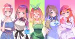  5girls :d ahoge apron bangs bare_shoulders black_ribbon blue_apron blue_eyes blue_ribbon blunt_bangs blush bow breasts brown_hair butterfly_hair_ornament closed_eyes commentary_request crossed_arms eyebrows_visible_through_hair finger_to_chin go-toubun_no_hanayome green_apron green_bow green_hairband hair_between_eyes hair_ornament hair_ribbon hairband halterneck headphones headphones_around_neck high_ponytail highres index_finger_raised large_breasts long_hair looking_at_viewer medium_hair multicolored multicolored_background multiple_girls nakano_ichika nakano_itsuki nakano_miku nakano_nino nakano_yotsuba obentou off_shoulder open_mouth orange_hair outstretched_hand pillow pink_hair piyopoyo ponytail purple_sweater redhead ribbon shirt short_hair sidelocks sleepwear smile star star_hair_ornament sweater turtleneck turtleneck_sweater white_apron white_shirt yellow_hoodie yellow_sweater 