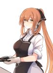  10eki_(tenchou) 1girl alternate_costume apron bangs blush breasts brown_hair collared_shirt cookie eyebrows_visible_through_hair food girls_frontline green_eyes hair_ribbon hair_rings highres holding holding_tray large_breasts long_hair looking_at_viewer m1903_springfield_(girls_frontline) oven_mitts ponytail ribbon shirt sidelocks simple_background sleeves_folded_up solo tray white_background white_shirt 