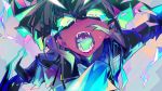 1boy burning_eyes close-up colorful cravat fangs fire glowing glowing_eyes green_sclera green_tongue kibadori_rue lio_fotia male_focus open_mouth promare purple_fire pyrokinesis solo tongue tongue_out violet_eyes 