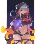  1girl bangs belt black_shorts boots breasts cape choker cross-laced_clothes eyebrows_visible_through_hair eyes_visible_through_hair finger_to_mouth gloves glowing hood knee_boots licking_lips long_hair looking_at_viewer monster_hunter monster_hunter:_world multicolored multicolored_clothes namielle_(armor) navel short_shorts shorts sidelocks silver_hair simple_background smile solo stomach tongue tongue_out yellow_eyes yuzuruka_(bougainvillea) 