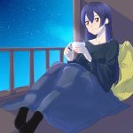  1girl bangs black_legwear blanket blue_hair blush coffee_mug commentary_request cup egooo hair_between_eyes holding holding_cup long_hair long_sleeves love_live! love_live!_school_idol_project mug night night_sky outdoors pillow sitting sky smile solo sonoda_umi star_(sky) starry_sky yellow_eyes 