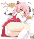 1girl ass blush brown_eyes cat_pillow character_name closed_mouth commentary_request dress hair_bobbles hair_ornament hands_up kneehighs long_sleeves looking_at_viewer lying on_side original panties pink_hair pink_loli_(rinechun) red_dress rinechun rinechun&#039;s_blonde_dog_girl sailor_collar sailor_dress school_uniform shirt sleeveless sleeveless_dress solo translation_request two_side_up underwear white_background white_legwear white_panties white_sailor_collar white_shirt yellow_eyes 