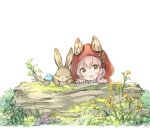  1girl :d animal animal_ear_fluff animal_ears bangs bird bluebird blush brown_eyes capelet commentary_request ears_through_headwear eyebrows_visible_through_hair fang flower grass hair_between_eyes hands_up hood hood_up hooded_capelet log looking_at_viewer moss open_mouth original pink_hair purple_flower rabbit red_capelet smile solo wataame27 white_background wolf-chan_(wataame27) wolf_ears yellow_flower 