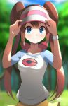  1girl atsuyah0310 blue_eyes blurry blurry_background blush breasts bright_pupils brown_hair closed_mouth collarbone commentary commentary_request cowboy_shot double_bun forest hat highres long_hair looking_at_viewer medium_breasts mei_(pokemon) nature outdoors poke_ball_symbol pokemon pokemon_(game) pokemon_bw2 pokemon_trainer putting_on_hat raglan_sleeves short_sleeves shorts smile solo twintails upper_body visor_cap white_pupils yellow_shorts 