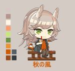  1girl animal asymmetrical_sleeves autumn_leaves azur_lane bird black_footwear black_jacket blush_stickers brown_legwear cabbie_hat chick closed_mouth clothed_animal commentary_request cup drawstring drinking_straw green_eyes grey_background grey_hair hat head_wings highres holding holding_cup jacket janyhero kitakaze_(azur_lane) long_hair long_sleeves looking_at_viewer manjuu_(azur_lane) open_clothes open_jacket orange_headwear orange_sweater ribbed_sweater short_over_long_sleeves short_sleeves sitting smile solo sweater thigh-highs very_long_hair 