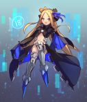  1girl :d abigail_williams_(fate/grand_order) bangs black_bow black_coat blonde_hair blue_eyes blue_ribbon blush bow commentary cosplay english_commentary eyebrows_visible_through_hair fate/grand_order fate_(series) forehead full_body hair_bow hair_ribbon highres juliet_sleeves loli long_hair long_sleeves looking_at_viewer meltryllis meltryllis_(cosplay) miya_(pixiv15283026) navel open_mouth orange_bow parted_bangs puffy_sleeves ribbon sleeves_past_fingers sleeves_past_wrists smile solo spikes type-moon ufotable v-shaped_eyebrows very_long_hair 