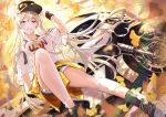  1girl alternate_costume autumn_leaves azur_lane bare_legs baseball_cap clothes_around_waist commentary_request dutch_angle enterprise_(azur_lane) ground_vehicle hamaru_log hat jacket_around_waist jewelry long_hair motor_vehicle motorcycle necklace shirt shoes shorts silver_hair smile sneakers socks t-shirt violet_eyes wristband 