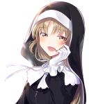  1girl :d black_dress blush brown_eyes brown_hair dress fuji_fujino gloves habit hand_up highres long_sleeves looking_at_viewer nijisanji nun open_mouth ribbon simple_background sister_cleaire smile solo upper_body virtual_youtuber white_background white_gloves white_ribbon zipper_pull_tab 