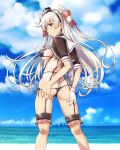  1girl amatsukaze_(destroyer) amatsukaze_(kantai_collection) ass bikini bikini_bottom_pull black_bikini blush breasts clouds commentary_request covered_nipples from_behind gloves hand_on_own_ass kantai_collection long_hair medium_breasts ocean sailor sailor_collar sameha_ikuya side-tie_bikini sky smile smokestack_hair_ornament solo swimsuit swimsuit_tan tan twintails twisted_torso very_long_hair white_gloves white_hair 