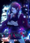  1girl absurdres artist_request bartender city city_lights cityscape copyright_name crossover cyberpunk english_text highres jill_stingray night purple_hair red_eyes smile solo va-11_hall-a 