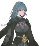  1girl armor black_armor blue_hair byleth_(fire_emblem) byleth_eisner_(female) byleth_eisner_(male) byleth_eisner_(male)_(cosplay) closed_eyes closed_mouth cosplay female_focus female_my_unit_(fire_emblem:_three_houses) fire_emblem fire_emblem:_three_houses fire_emblem:_three_houses intelligent_systems koei_tecmo male_my_unit_(fire_emblem:_three_houses) male_my_unit_(fire_emblem:_three_houses)_(cosplay) medium_hair my_unit_(fire_emblem:_three_houses) nintendo parted_lips simple_background sn48it solo twitter_username upper_body white_background 