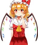  1girl ascot blonde_hair closed_mouth collarbone crystal eyebrows_visible_through_hair flandre_scarlet hand_on_own_cheek hand_up hat highres kiui_(dagk8254) looking_at_viewer mob_cap puffy_short_sleeves puffy_sleeves red_eyes red_skirt short_hair short_sleeves side_ponytail simple_background skirt smile solo touhou white_background wings yellow_neckwear 