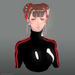  1girl alternate_costume brown_hair chun-li closed_mouth double_bun earrings jewelry looking_at_viewer rejean_dubois short_hair simple_background solo street_fighter 