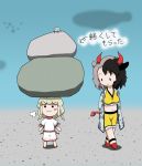  2girls :3 =3 animal_ears animal_print arms_behind_back black_hair chibi cow_ears cow_horns cow_print cow_tail crop_top dress ebisu_eika eyebrows_visible_through_hair grey_hair haori horns jacket japanese_clothes jellyfish looking_at_another looking_at_viewer multicolored_hair multiple_girls navel object_on_head open_clothes open_jacket rakugaki-biyori red_footwear rock rock_balancing shorts smug solid_circle_eyes solid_oval_eyes standing tail touhou translation_request two-tone_hair ushizaki_urumi walking white_dress yellow_shorts 