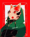  1boy black_hair character_name checkered copyright_name covered_face drawstring earrings fox_mask green_jacket hood hood_up hooded_jacket jacket jewelry kamado_tanjirou kimetsu_no_yaiba long_sleeves male_focus mask red_background red_eyes rutu solo turtleneck zipper 