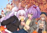  4girls :d alternate_costume autumn_leaves ayanami_(azur_lane) azur_lane beret black_legwear brown_hair casual collarbone commentary_request contemporary earmuffs eating eris_120 food glasses green_eyes hairband hat headgear highres holding hood hooded_sweater javelin_(azur_lane) jewelry laffey_(azur_lane) leaf light_brown_hair long_hair looking_at_viewer maple_leaf multiple_girls necklace open_mouth orange_eyes pleated_skirt ponytail purple_hair red_eyes short_hair silver_hair skirt smile sweater sweet_potato twintails violet_eyes watch watch z23_(azur_lane) 