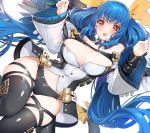  1girl akizone ass_visible_through_thighs bare_shoulders belt blue_hair blush breasts collarbone detached_collar detached_sleeves dizzy guilty_gear hair_ribbon highres large_breasts long_hair long_sleeves looking_at_viewer midriff navel open_mouth red_eyes ribbon simple_background skindentation solo stomach tail thigh-highs thigh_gap thighs twintails very_long_hair white_background wide_sleeves wings 