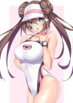  1girl blue_eyes border breasts brown_hair chin_stroking commentary_request competition_swimsuit cowboy_shot double_bun gradient gradient_background highleg highleg_swimsuit highres large_breasts long_hair looking_at_viewer mei_(pokemon) one-piece_swimsuit open_mouth pink_background pokemon pokemon_(game) pokemon_bw2 pokemon_masters sankakusui solo sparkle standing swimsuit twintails very_long_hair visor_cap watch watch white_background white_border white_swimsuit 