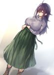  1girl blush boots breasts brown_footwear eyebrows_visible_through_hair gradient gradient_background green_skirt grey_sweater hair_over_one_eye large_breasts long_hair long_skirt looking_at_viewer original pleated_skirt shadow sidelocks skirt solo sweater violet_eyes yamaarashi 