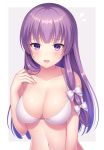  1girl bangs bare_arms bare_shoulders blush border bow bra breasts collarbone commentary_request eyebrows_visible_through_hair flying_sweatdrops grey_background hair_bow hand_on_own_chest hand_up large_breasts long_hair looking_at_viewer navel no_hat no_headwear open_mouth partial_commentary patchouli_knowledge purple_hair sidelocks simple_background solo stomach touhou underwear underwear_only upper_body violet_eyes white_border white_bow white_bra yamayu 