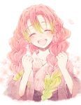  1girl blush braid cheering cherry_blossom_print cherry_blossoms clenched_hands commentary_request facing_viewer floral_background gradient_hair green_hair hair_over_shoulder haori happy highres japanese_clothes kanroji_matsuri kimetsu_no_yaiba kimono koame_1027 long_hair long_sleeves mole mole_under_eye multicolored_hair petals pink_hair pink_kimono sash smile solo tri_braids two-tone_hair upper_body white_background 